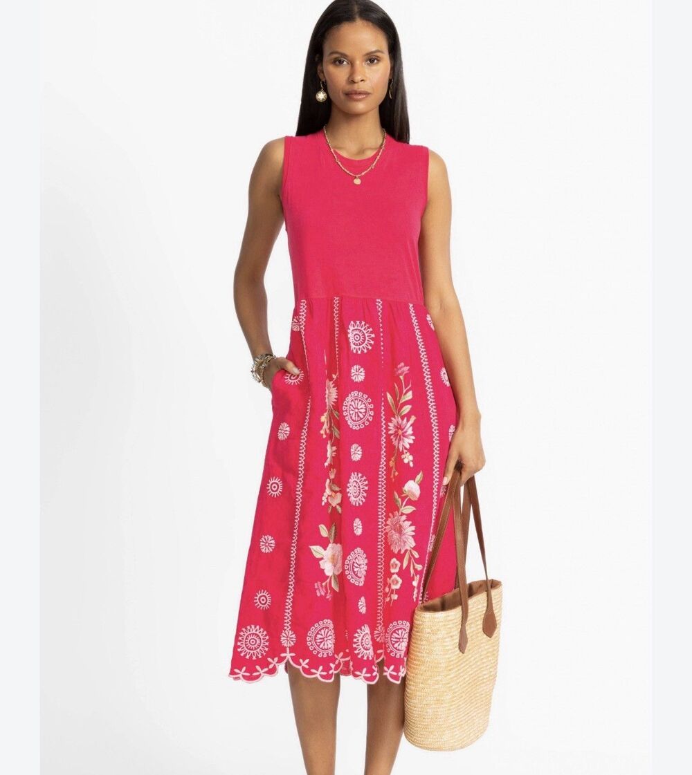 Johnny Was Della Pink Embroidered Mixed Media Tank Sleeveless Dress L orig $295